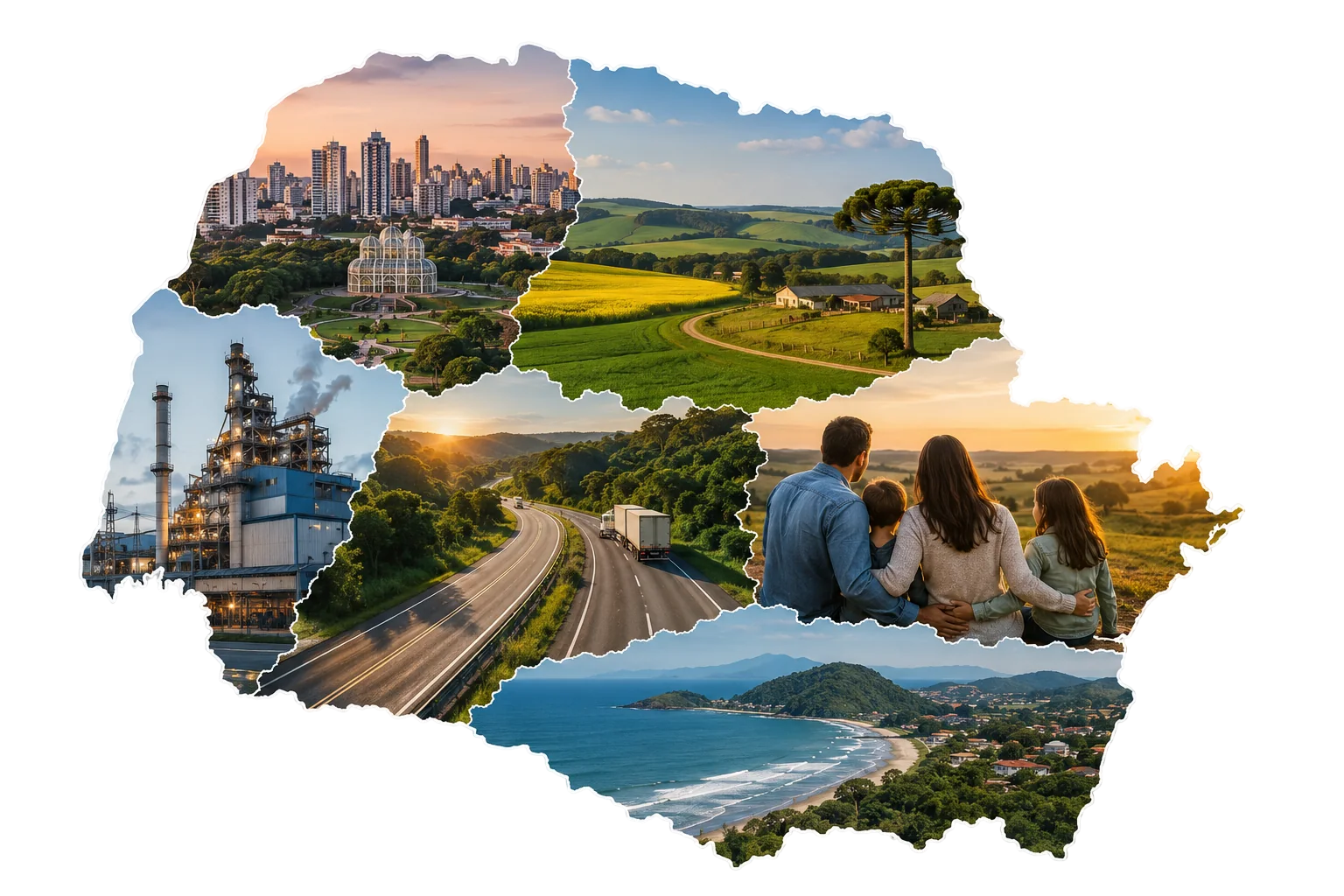 Mapa do Paraná formado por fotos do estado: cidade, plantação, indústria, rodovia, família e litoral